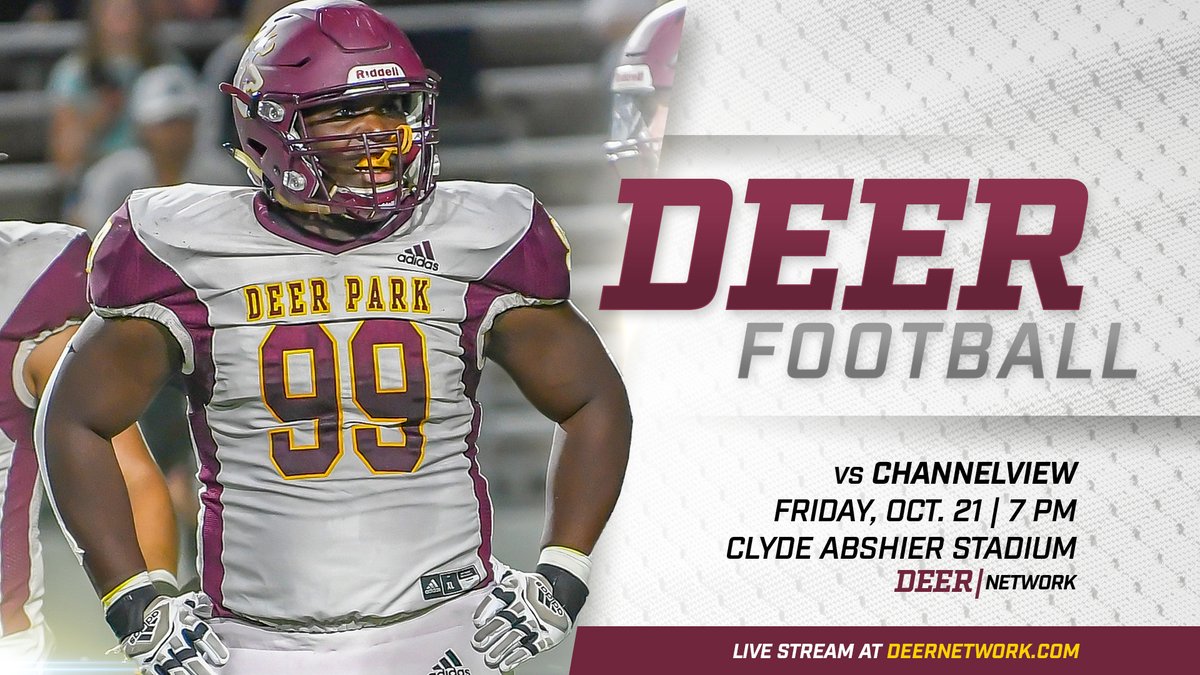 FRIDAY: Deer Park Football hosts Channelview for the top spot in district 22-6A. If you can't make it, you can live stream the game at deernetwork.com beginning at 7:00 PM. #AaandGoDeer