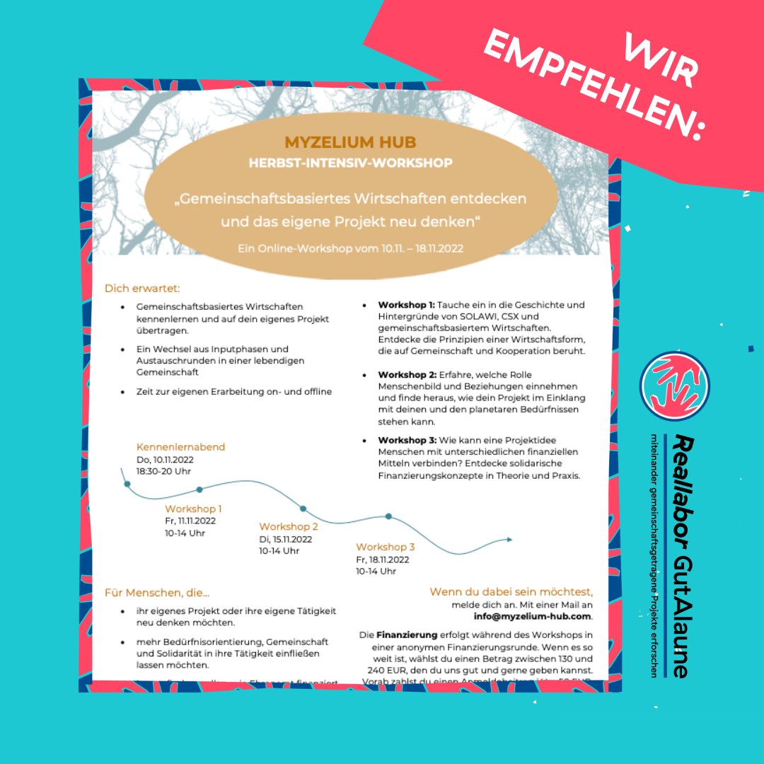 Kooperation und Gemeinschaft als Grundlage für nachhaltiges Unternehmertum
Online-Workshopreihe in 3 Teilen + Kennenlernen
Vom 10.11. bis 18.11.2022
myzelium.com/workshops
#gemeinschaftsgetragen #csx #nachhaltigesunternehmertum