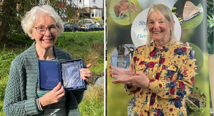 Congratulations to mammals expert Jenny Jones (right), on winning this year's Trevor Jones Award for an outstanding Herts naturalist and botanist Brenda Harold, winner of our 1875 Award for an outstanding contribution to natural history in our county. hnhs.org/1875-awards
