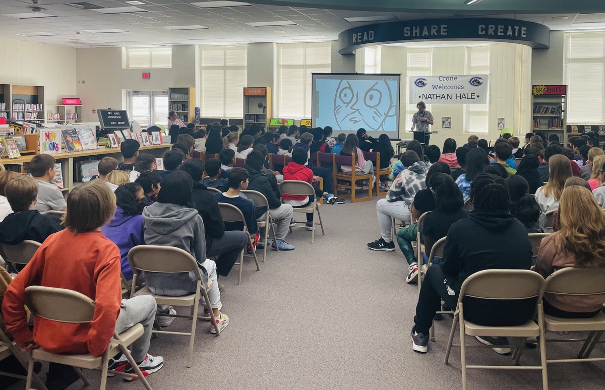Couch_CroneMS's tweet photo. Crone welcomes author Nathan Hale! Such a fun history presentation for the Panther students and staff. ⁦@CroneSchool⁩ https://t.co/ILNvehvidh