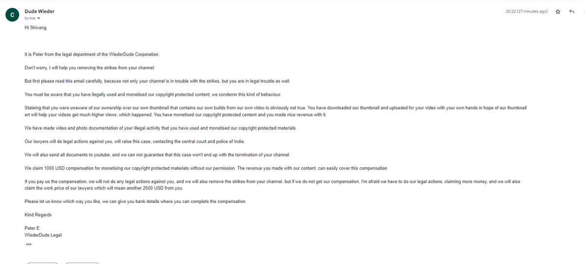 shivang_ranjan's tweet photo. My channel Gaming with shivang2.0 got 2 copyright strike from a Youtuber.They are demanding $1000 for the removal of the strike.They are threatening me for the channel termination legally i think that's illegal Please Help @TeamYouTube @YouTubeIndia @YouTubeCreators @NeonMan_01 https://t.co/VbuJKANnMu