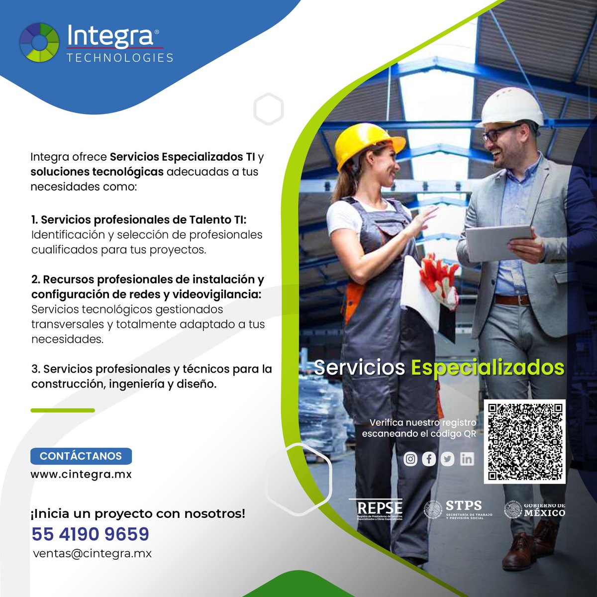CIntegraTech's tweet photo. 👷🏻‍♀️ ¿Qué son los servicios especializados #REPSE?

#Empresas que brindan a sus #clientes #servicios específicos que NO son parte del #objetosocial del cliente.

En Integra ofrecemos Servicios Especializados #TI y soluciones tecnológicas adecuadas a tus necesidades como: https://t.co/7MuEiC03zO