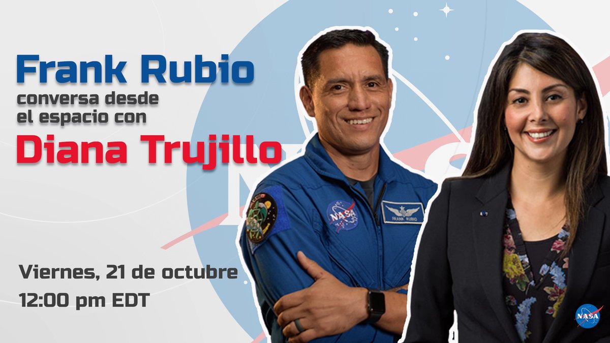 El @NASA_Astronauts Frank Rubio nos explicará cómo ha sido su primer mes viviendo y trabajando en la @Space_Station, en una charla con la directora de vuelo Diana Trujillo. 🗓️Aquí, este viernes 21 de octubre a las 12 p.m. EDT (16:00 UTC) ¡No te lo pierdas! go.nasa.gov/3S95UNm