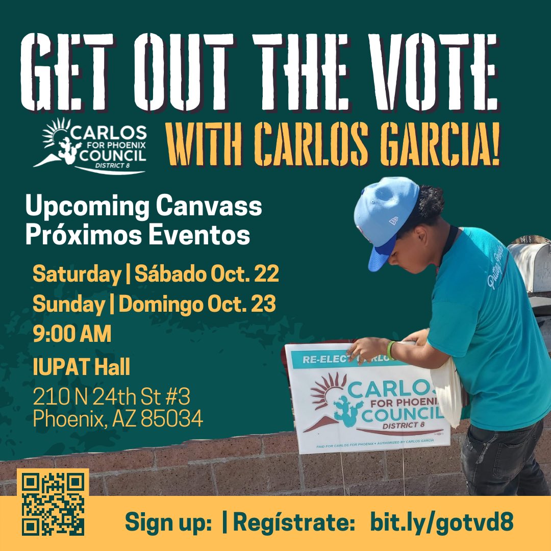 carlosforphx's tweet photo. We👏🏾 need 👏🏿everyone!👏🏽 Election Day is just a few weeks away and we need everyone to join us this weekend! We will kick-off with an appreciation celebration on Friday to then go full steam on Saturday and Sunday. JOIN US! Register at: https://t.co/Ipf4kGiExc
#carlosforphoenix https://t.co/wnxhPBSYJ1