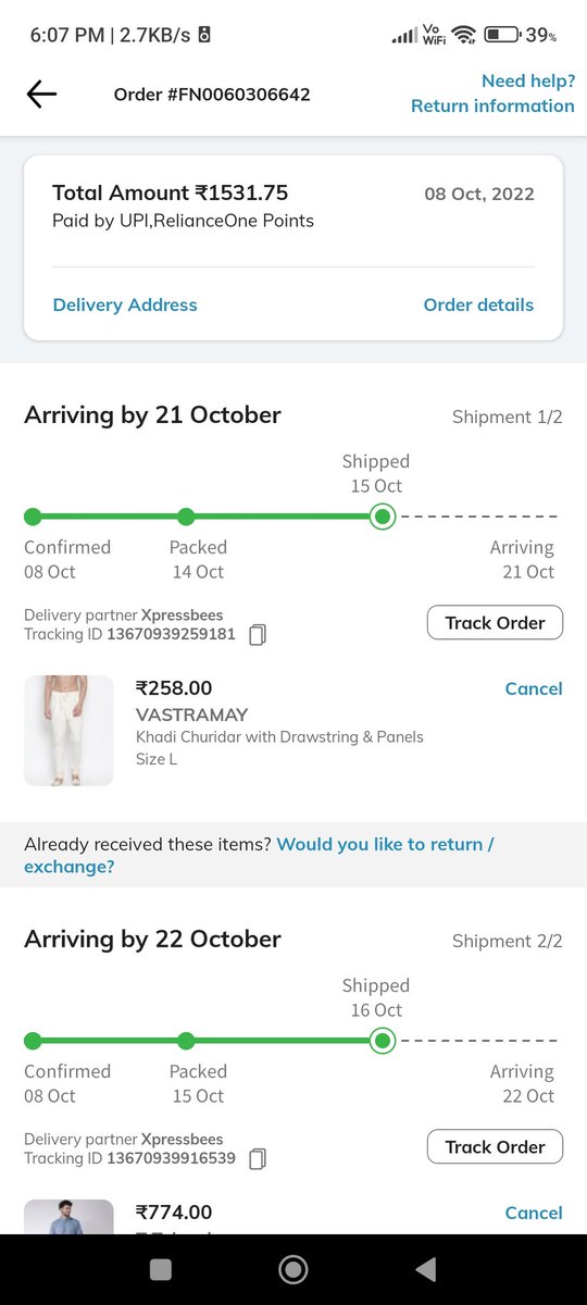 itsAsliAshutosh's tweet photo. @AJIOLife At first you said you'll deliver the product on 19th Oct but now you are showing your order will be delivered by 21 &amp; 22 Oct, what kind of weed are you guys taking.
You are taking 13-14 days to deliver the product seriously! https://t.co/Uz8zRzldaS