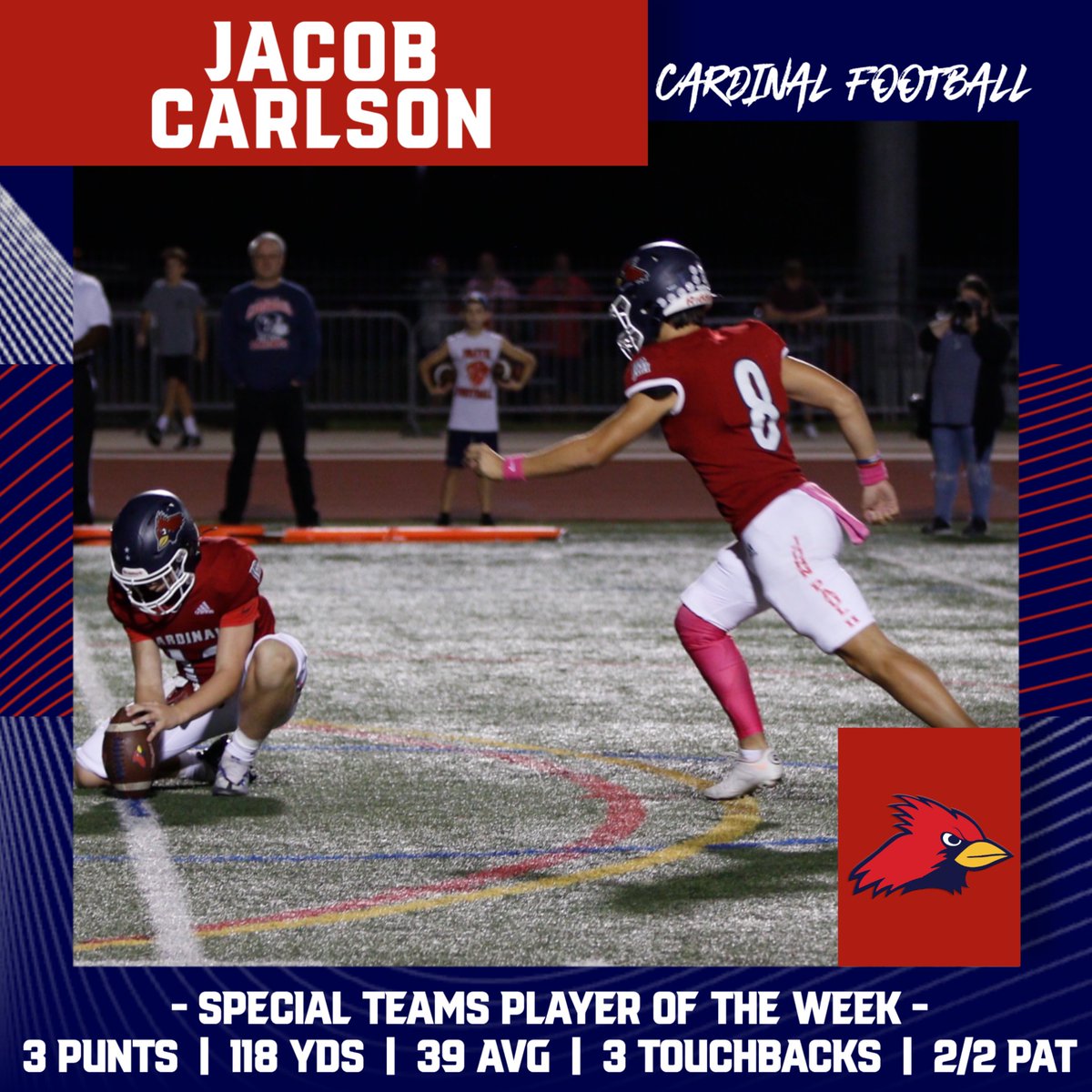 Shoutout to our Players of the Week vs Grapevine Faith!

Defense: <a href="/meoskyo56/">Sky Moon</a> 
Offense: Offensive Line - <a href="/vinnnyy45/">Vincent Anderson</a>, <a href="/Reid27918727/">ReidSanders2</a>, <a href="/meoskyo56/">Sky Moon</a>, <a href="/Andrewlock3y/">Andrew Lockey</a>, <a href="/RyanWoodhouse_/">Ryan Woodhouse</a>, &amp; Josh Williams
Special Teams: <a href="/jacobtc05/">Jacob Carlson</a>
 
Keep leading the way Cards! #OutWorkEveryone