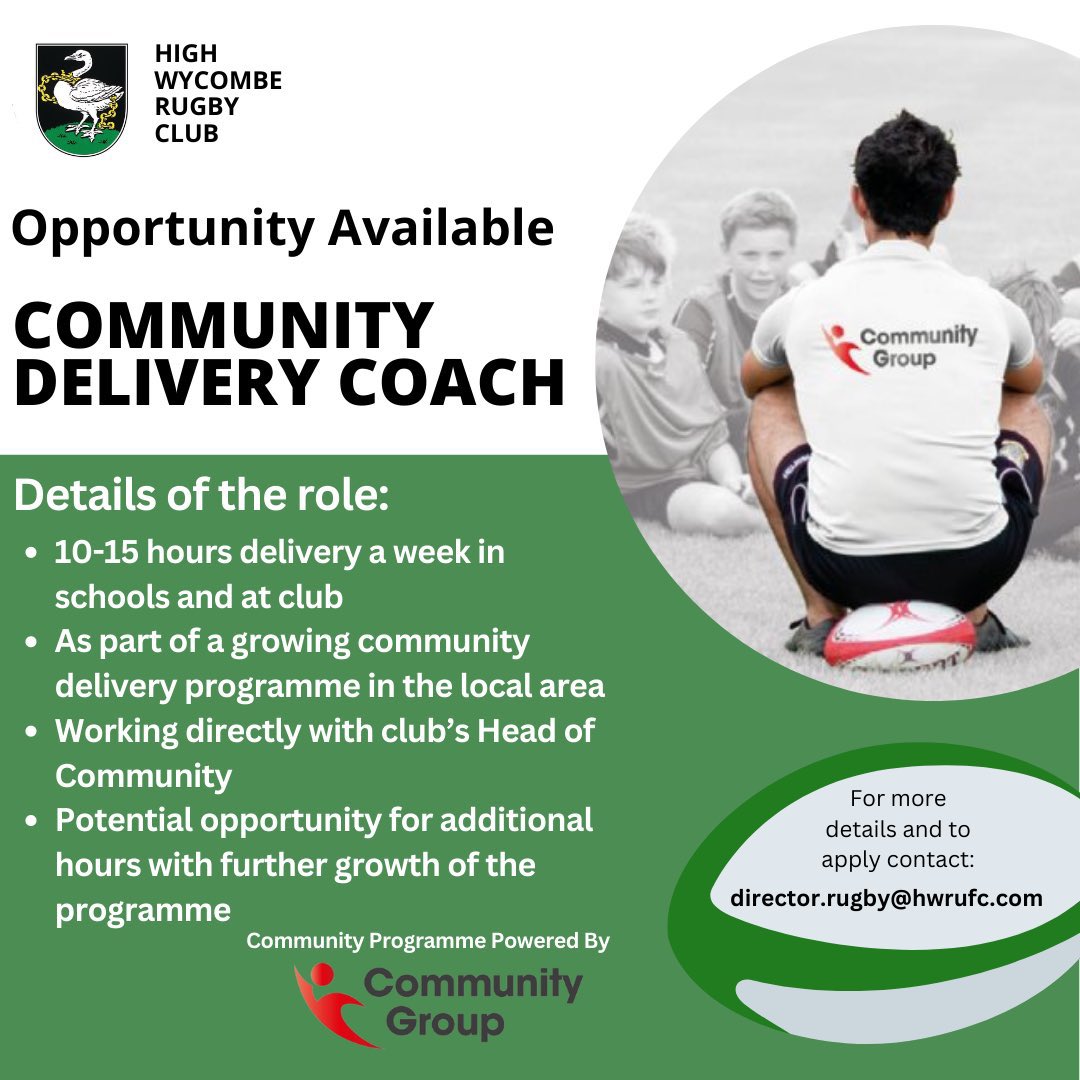 High Wycombe Rugby Club (Bucks, ENG) are looking for:

Senior Men’s Head Coach
Community Delivery Coach

The roles can be combined and a player/coach option is possible.

Role &amp; application details at the pictures.

#rugbyvacancies #rugby