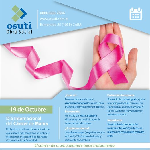 OSUTI_OS's tweet photo. 19 de octubre | Día internacional del cáncer de mama
Cuanto más temprano se realiza el diagnóstico más posibilidades hay de erradicar la enfermedad.

|El cáncer de mama siempre tiene tratamiento|
*******
#osuti #osutiobrasocial #DíaInternacionalDelCáncerDeMama https://t.co/v75Wpg4mdW