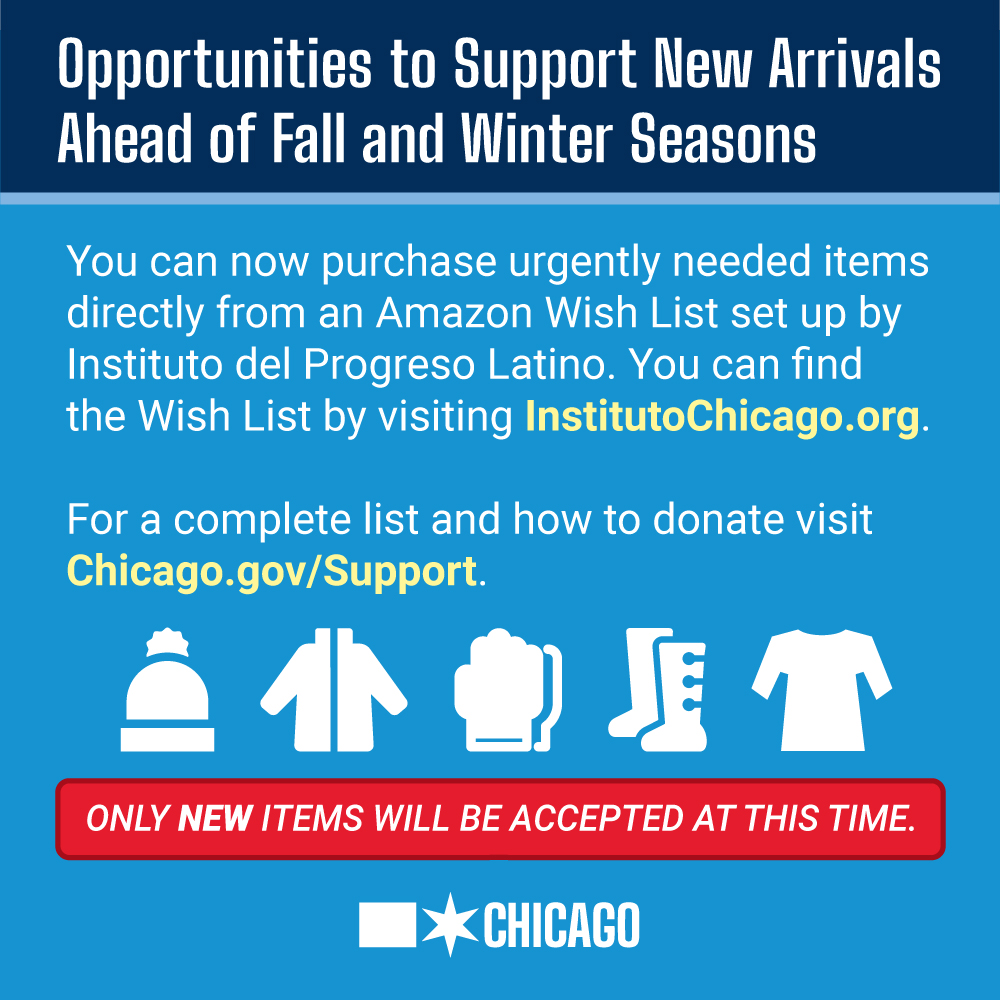 Chicago is a welcoming city filled with people who remain ready to show their generosity and compassion toward others. If you are looking for ways to support those finding refuge here please visit chicago.gov/support for more information on how you can help.