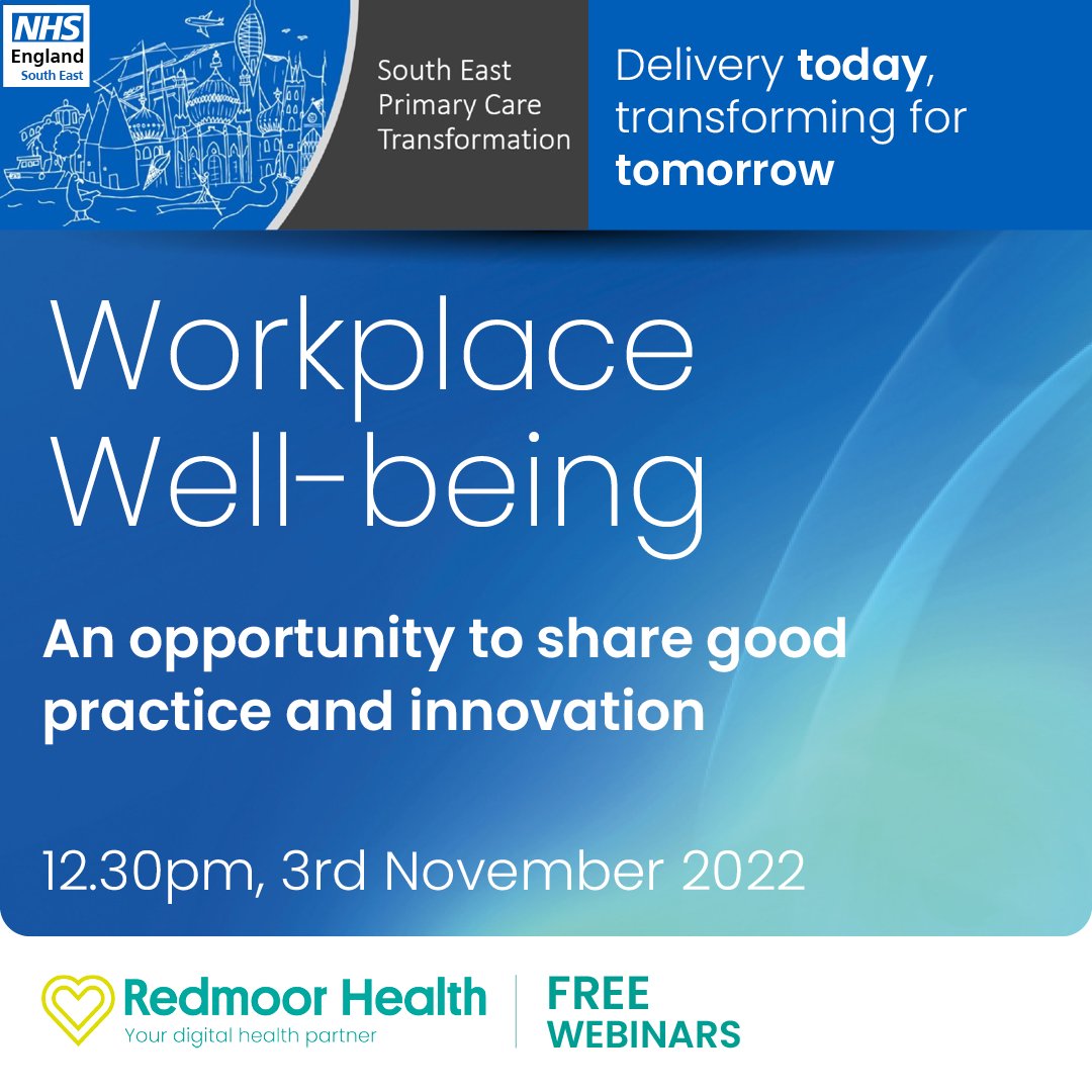 KamalBahia2's tweet photo. Supporting workforce wellbeing for Primary Care - Free webinar for SE region. Opportunity to share good practice & innovation. Nov 3 - 12.30 -1.30pm
#StaffWellbeing #Delivery #Transformation #FreeWebinar #LunchAndLearn #SERegion #PrimaryCare https://t.co/GVMNzb3xzy