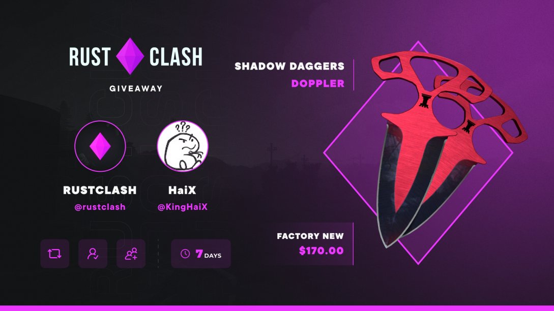 KingHaiX's tweet photo. ⭐️170$ SHADOW DAGGERS DOPPLER GIVEAWAY⭐️
-Follow me and @RustClash
-Retweet
-Tag 1 friend 
Good luck! https://t.co/ZcJBfBAA12