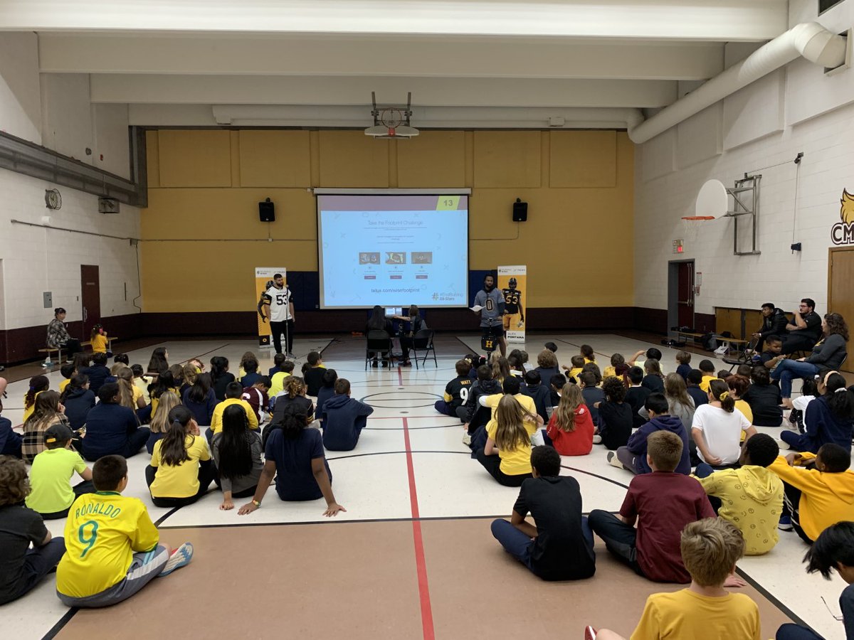 camaceschool's tweet photo. Tiger Cat Anti-Cyberbullying Day!!  Students were provided with a great message about online safety and an awesome visit with two Hamilton Tiger Cats: Bralon Addison #0 and Alex Fontana #53 sponsored by Telus. #endbullying @HWCDSB @MadalenaJohn @Ticats https://t.co/UzsvIJM5Zg