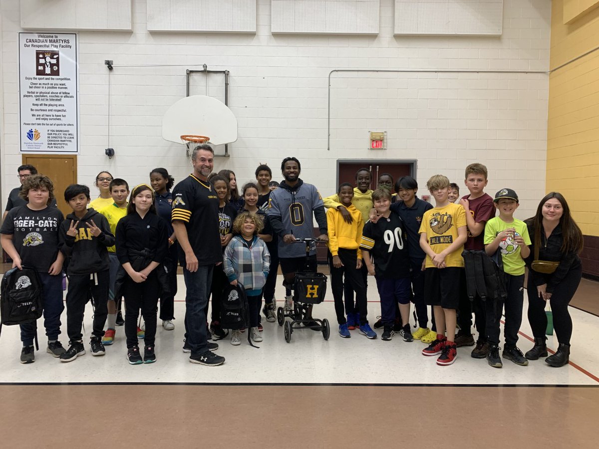 camaceschool's tweet photo. Tiger Cat Anti-Cyberbullying Day!!  Students were provided with a great message about online safety and an awesome visit with two Hamilton Tiger Cats: Bralon Addison #0 and Alex Fontana #53 sponsored by Telus. #endbullying @HWCDSB @MadalenaJohn @Ticats https://t.co/UzsvIJM5Zg