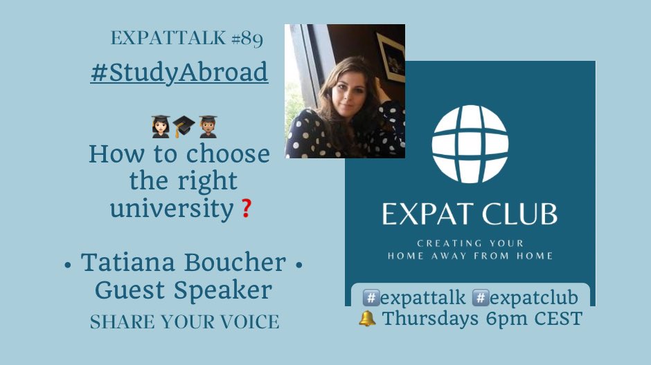 v_konsult's tweet photo. “🌐 EXPAT TALK #89 🎓 #StudyAbroad Away From Home 🏡” w/ Susanne Hartmann, @TheEPcoach, @Infinitebyab, @v_konsult & EXPAT CLUB.
🎓 Choosing the right university with
🗣 Guest speaker Tatiana Boucher
🗓 Thurs, 20. Oct @ 6PM CEST
#ExpatTalk #ExpatClub #StudyOverseas #Education https://t.co/Xqe6WCKx29