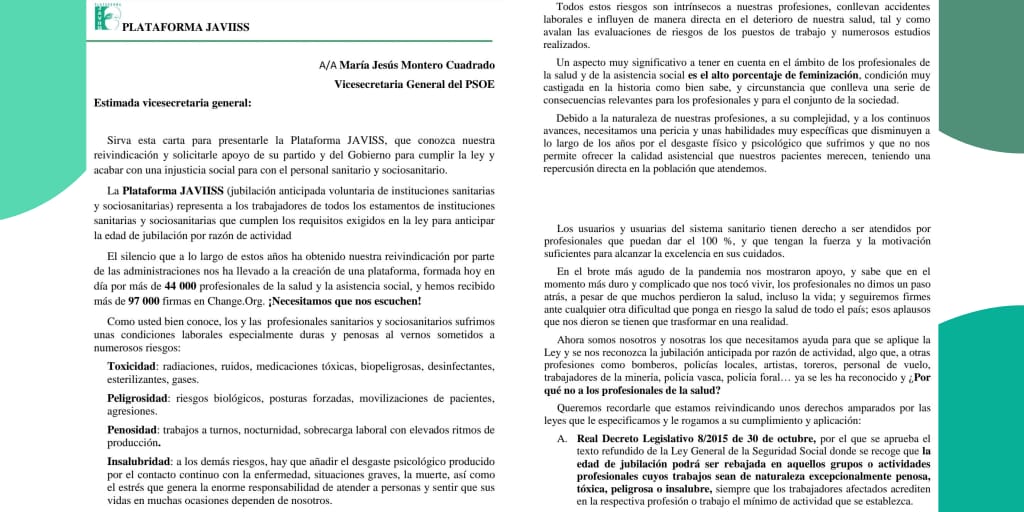 Plataforma60's tweet photo. Carta enviada a @mjmonteroc
Ministra de @MinisterioHaci2
para darle a conocer nuestra plataforma y reivindicaciones.
@mjmonteroc @MinisterioHaci2
@joseluisescriva
@inclusiongob
@CarolinaDarias
@sanidadgob
#Jubilacion60
#PorElPaciente
#NuestroDerecho

https://t.co/5gFxCu9GIZ https://t.co/hPUdKz9zJF