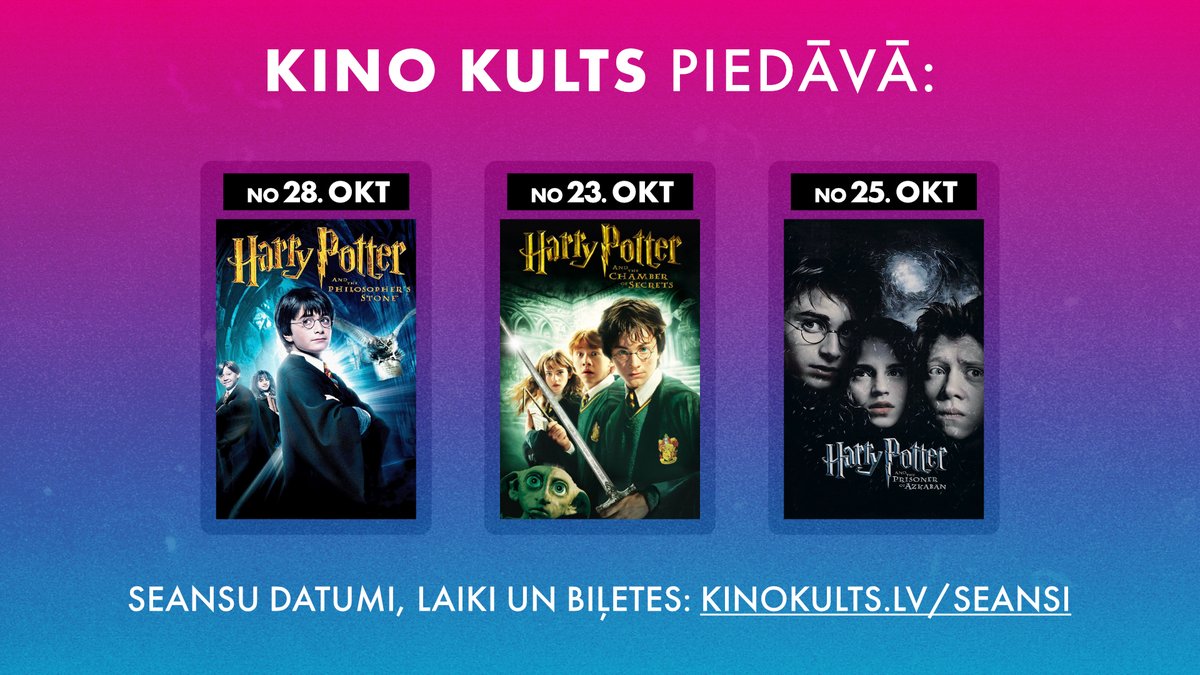 🧙 Something wicked this way comes!

Rudens ir klāt un tas nozīmē <a href="/HarryPotterFilm/">Harry Potter</a> seansus uz LIELĀ ekrāna un šogad kopā ar <a href="/acmefilm/">acmefilm</a> un <a href="/forumcinemaslv/">Forum Cinemas</a> piedāvāsim jums PIRMĀS TRĪS FILMAS!

Sākam jau šonedēļ, gatavojieties - seansi, datumi un laiki te: bit.ly/3PMEn3x