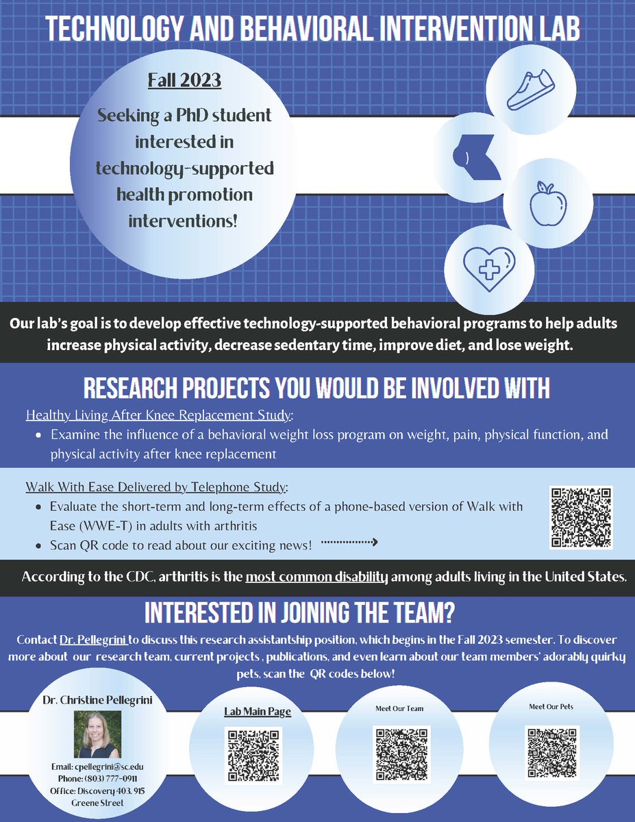 Christine Pellegrini (@cpellegrini11) on Twitter photo Looking for 1-2 PhD students with interest in technology and behavioral interventions to join me in the <a href="/UofSCExSci/">USC Dept of Exercise Science</a> and <a href="/TecHealth_UofSC/">TecHealth_UofSC</a> at <a href="/USCArnoldSchool/">USC Arnold School of Public Health</a> in Fall 2023. Funding available! Looking for 1-2 PhD students with interest in technology and behavioral interventions to join me in the <a href="/UofSCExSci/">USC Dept of Exercise Science</a> and <a href="/TecHealth_UofSC/">TecHealth_UofSC</a> at <a href="/USCArnoldSchool/">USC Arnold School of Public Health</a> in Fall 2023. Funding available!