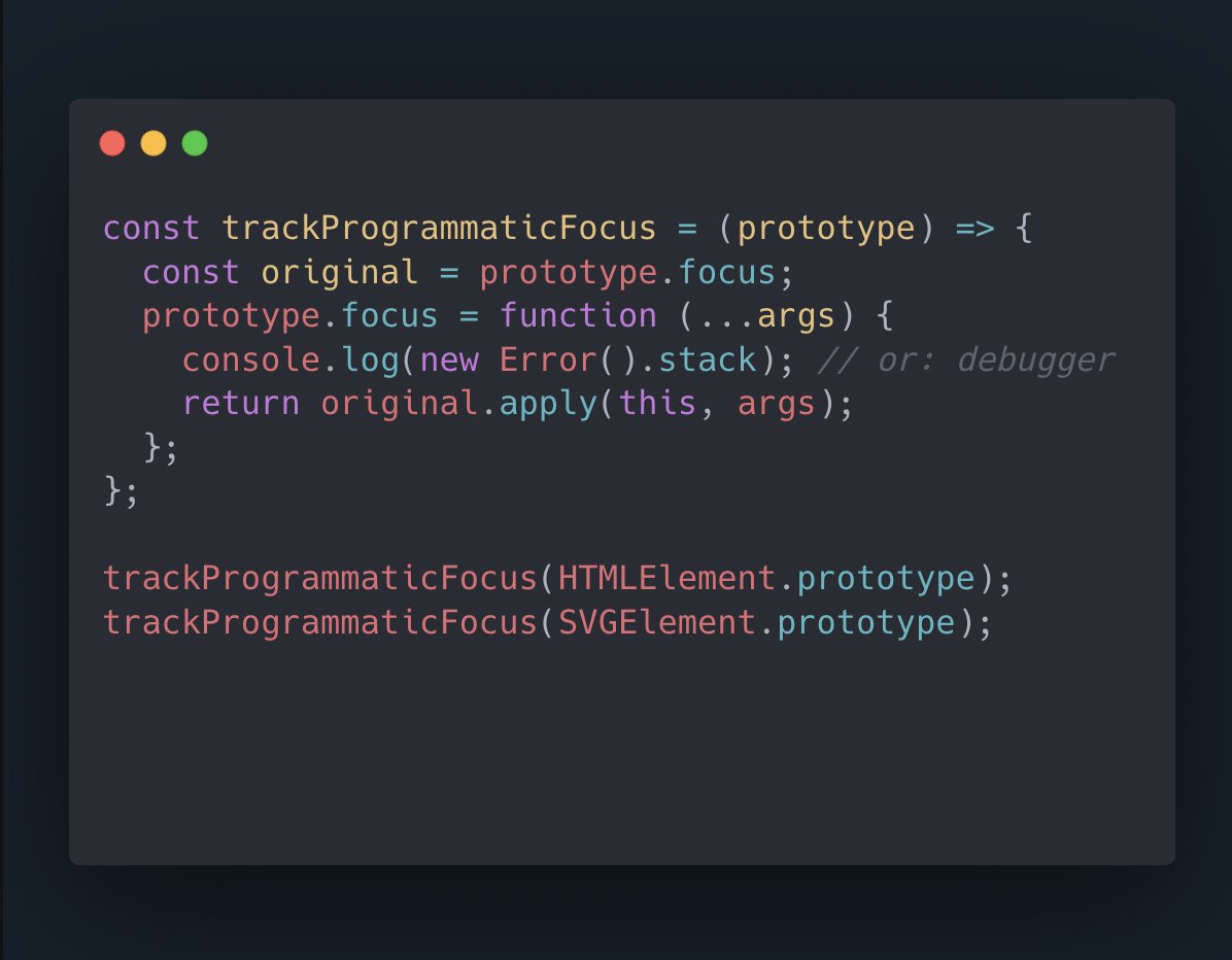 Code snippet overriding focus method on HTMLElement and SVGElement prototypes with an added console.log that logs the call stack when it gets called