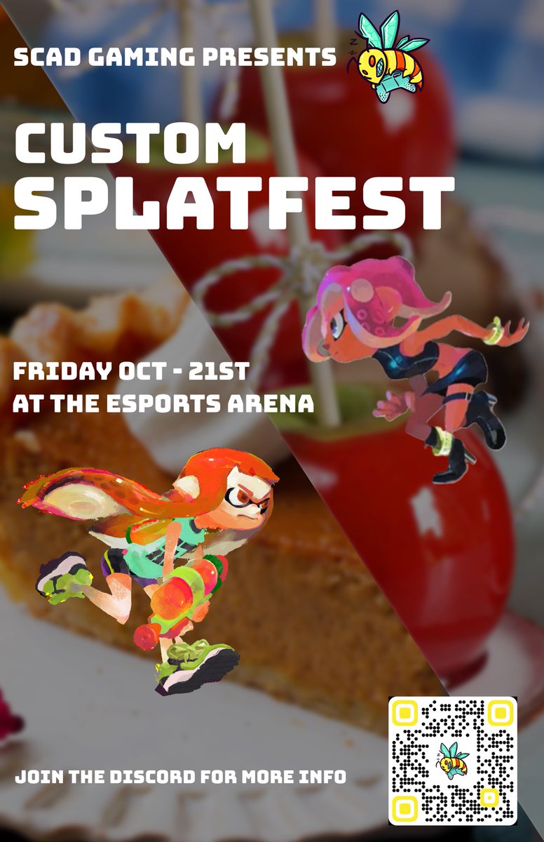 scad_gaming's tweet photo. Join us for Custom Splatfest this upcoming Friday, October 21 at the SCAD Esports Arena from 2-5 PM (EST). The theme is Pumpkin Pie vs Candy Apple! Scan the QR code to join our discord for more info! https://t.co/q5pCTKjvdo
