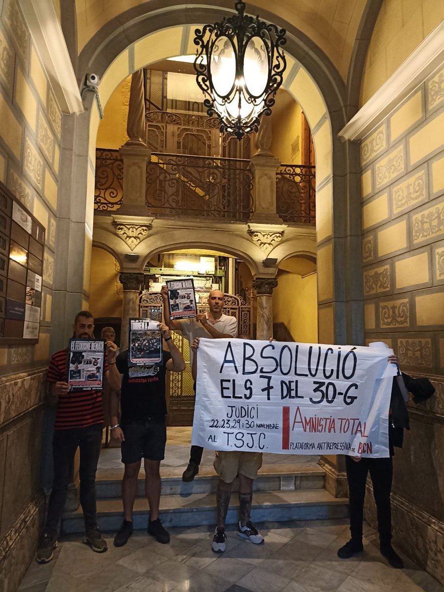 Tornem a judici!

Els dies 22, 23, 29 i 30 de novembre, a l'Audiència Provincial de Barcelona (Arc de Triomf) plantem cara a la repressió 

#Els7del30G
L'absolució no serà la nostra victòria
