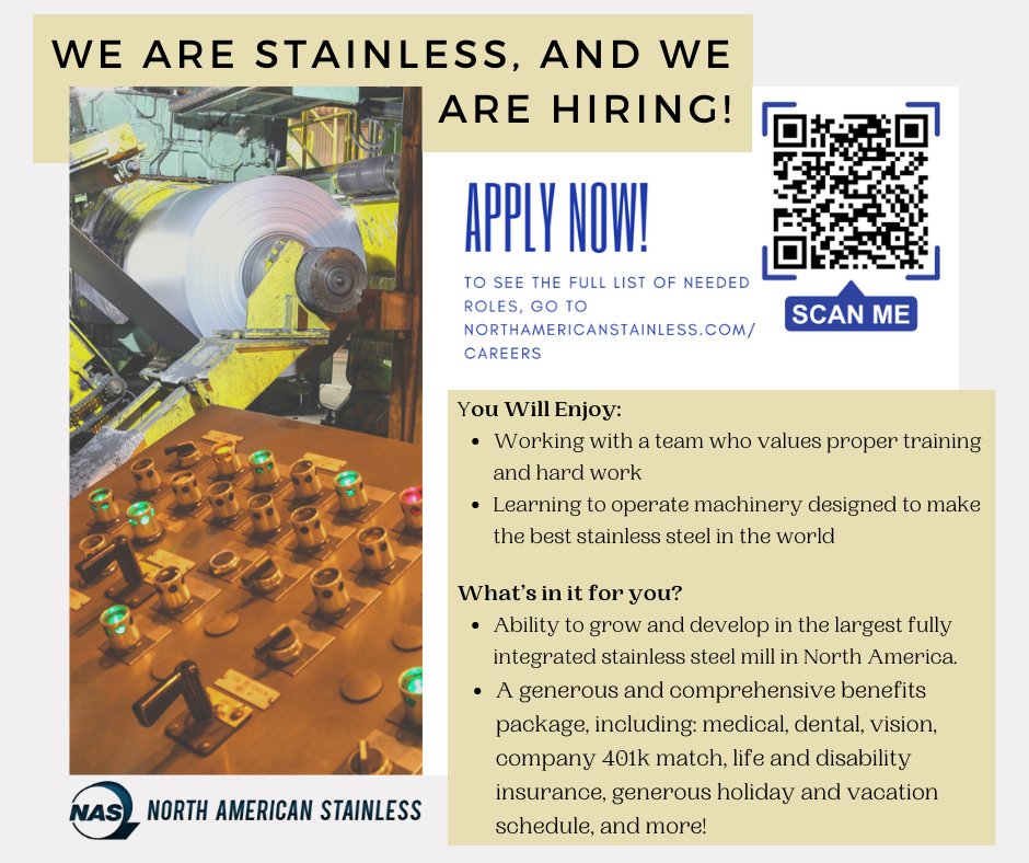 Your career at North American Steel is waiting! For the full list of roles we're currently hiring for, go to
northamericanstainless.com/careers/ and apply today! #stainlessindustry #jobopportunities #hiring #kentuckyjobs