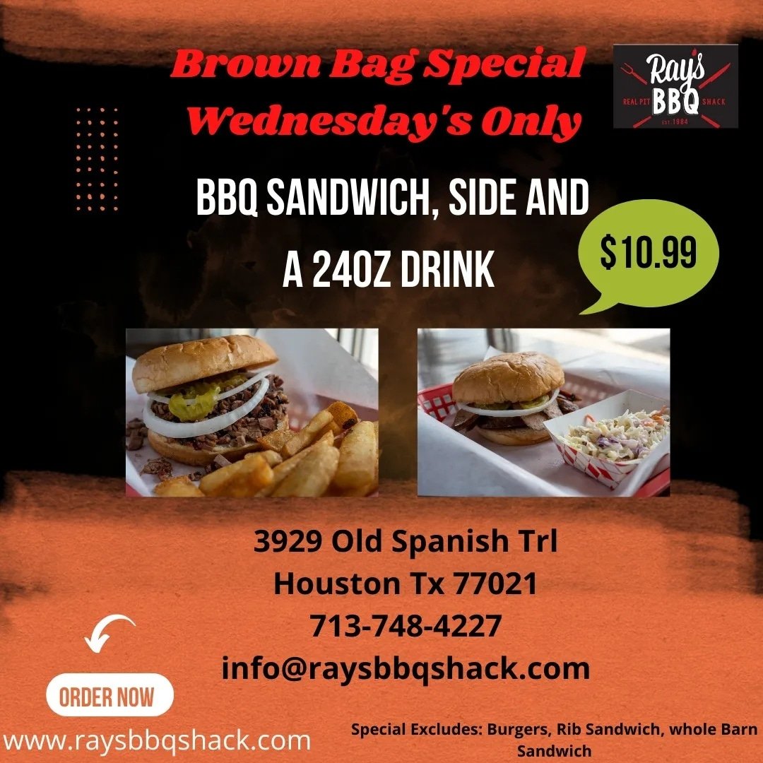 RaysBBQ1's tweet photo. Yes its Wednesday, yes there's a special, yes we got you all Day!!! #raysbbqshack #SmokinGood #TxBBQ #3rdWardBBQ https://t.co/l4LSmTof1Y