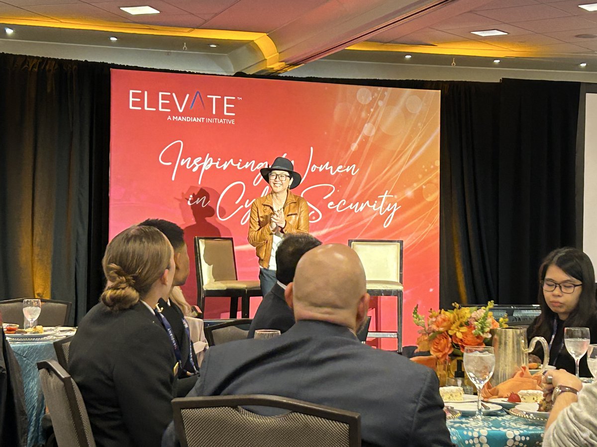 Mandiant's tweet photo. "Now that we've had two &amp; a half years, we can reflect back on what's happened in that time. Work &amp; life is more integrated than ever and people are making tough choices," @DHMovement CEO &amp; Chief Happiness Officer @byjennlim speaking at the #ElevateWICS luncheon at #mWISE https://t.co/v9KnsUJmZV