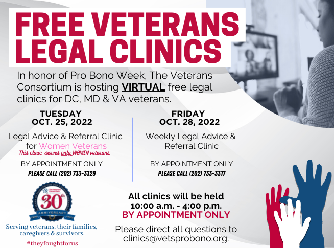 vetsprobono's tweet image. On Oct. 25 &amp;amp; 28, TVC will hold 2 free virtual legal clinics for #veterans in the #DMV - in honor of #DCProBonoWeek. 
Appointments are required - make yours today! 
*Women's clinic is for women veterans only*
#theyfoughtforus #womenveterans #freelegalservices #probono #DMVVeterans