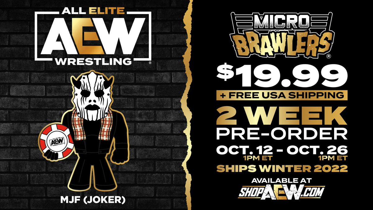 You have ONE WEEK to pre-order your @The_MJF (Joker) Micro Brawlers at ShopAEW.com! The deadline is 1pm ET on Wednesday, October 26th! #shopaew #aew #aewdynamite #aewrampage