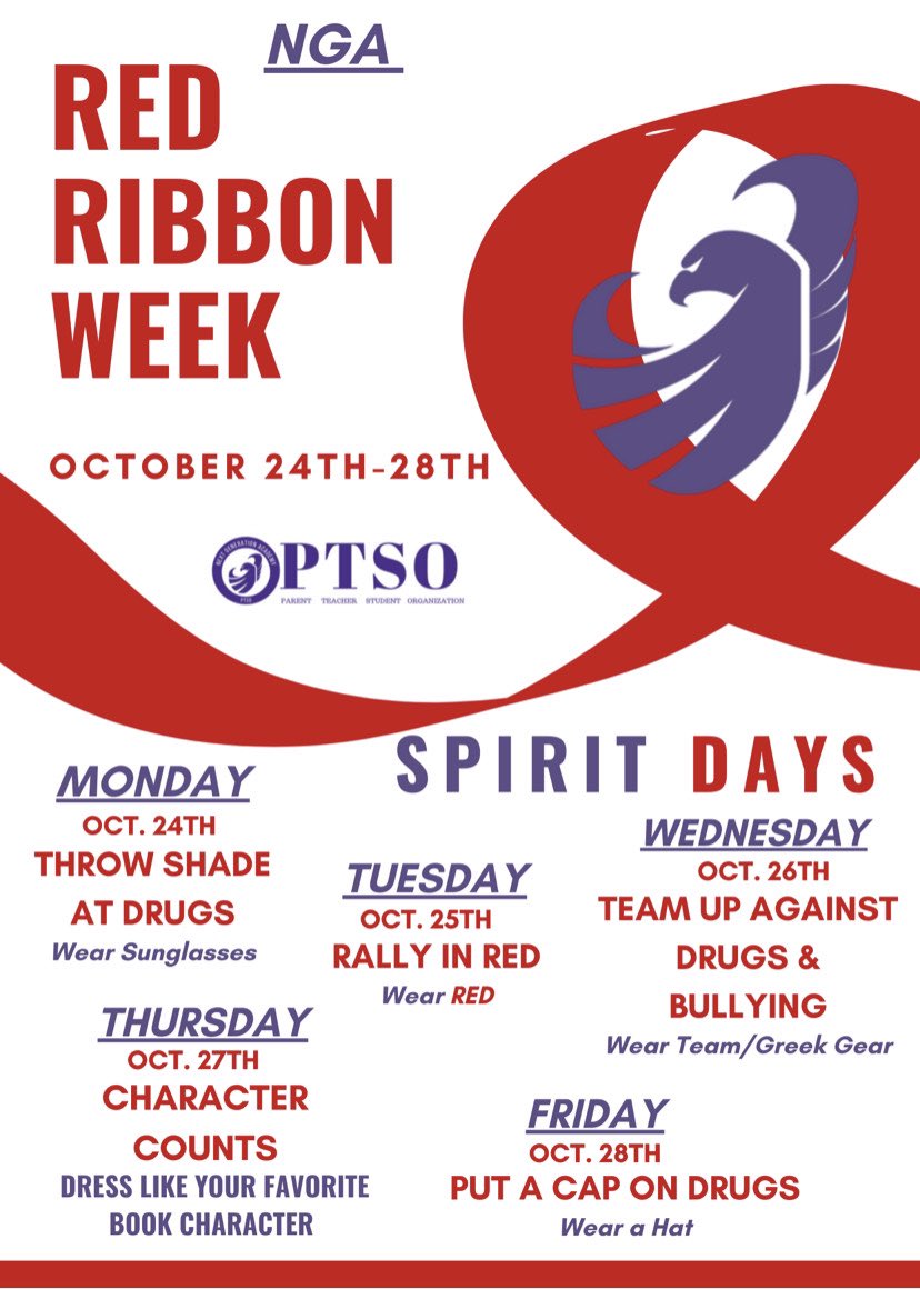 NextGen41's tweet photo. Next week (October 24th-28th) we will celebrate Red Ribbon Week! This will be a “Spirit Week” for our student, with opportunities for students to dress up or wear special items each day. Please see attached flyer with details so that you can prepare! #EaglesAlwaysSoar 🦅 https://t.co/10FNnHfA19