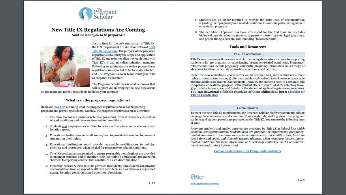PregnantScholar's tweet photo. New Title IX regulations are coming, and we want you to be prepared! Have you reviewed our considerations for the new #TitleIX regulations? We share what's new and tools &amp; resources to bring the new regulations to life on your campus. Check it out here! https://t.co/eNrxN9V6v2 https://t.co/V3Ptnn91U5