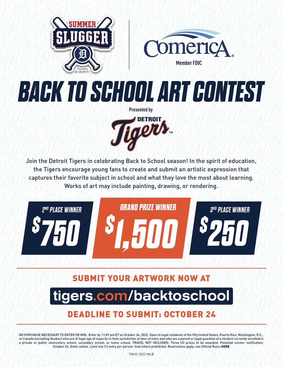 🚨 Submission extension! From now until 10/24, the @tigers are looking for students to create an artistic expression that captures their favorite school subject. Only 5 days left to submit for up to $1500 in prizes. Link here for more info! #Back2School summerslugger.com/tigerschalleng…