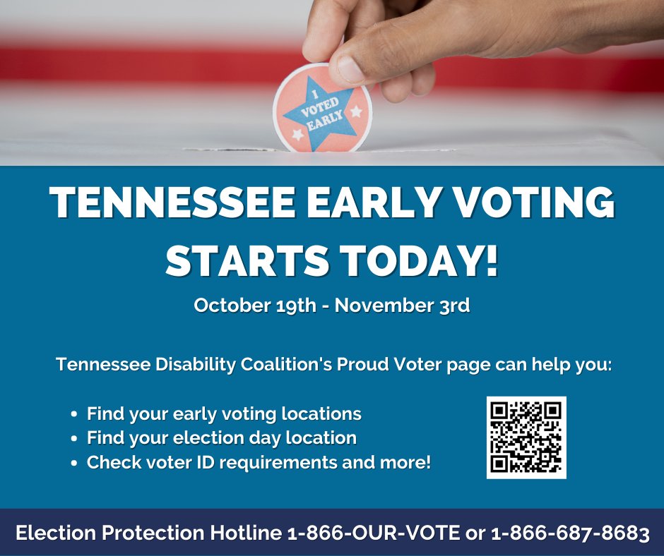 tndisability's tweet photo. Tennessee early voting starts today! You have until November 3rd to vote early. Head over to TDC's proud voter page to find your early voting locations or request your absentee ballot: https://t.co/GY3TwxkcxW

#CripTheVote #CountMeInTN #DisabilityVote https://t.co/AMqeYMXTsL