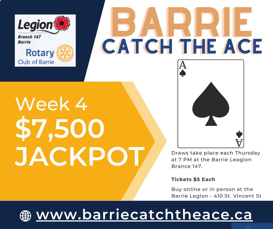 Our Week 4 Jackpot is an est. $7,500. Visit barriecatchtheace.ca to buy your tickets NOW! 100% of the proceeds support our community!