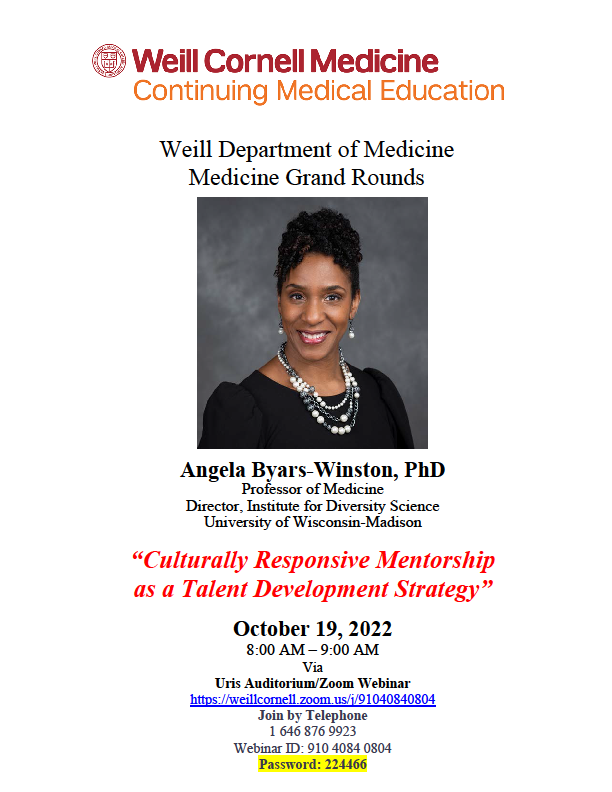 Spectacular @WCMDeptofMed Grand Rounds today by Dr. Angela Byars-Winston @ambwinst of Dept of Medicine, Institute for Diversity Science, CIMER Project, Collaborative Center for Health Equity, @UWMSTP-thanks for coming! @WCMGIM