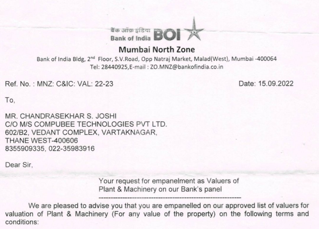 compubee's tweet image. We are thankful to @BankofIndia_IN for empanelling us as a plant and #machinery #valuer in North #Mumbai Zone.
With this empanelment we can carry out valuation of plant and machinery of any value without any upper limit and serve esteemed clients of #bankofindia