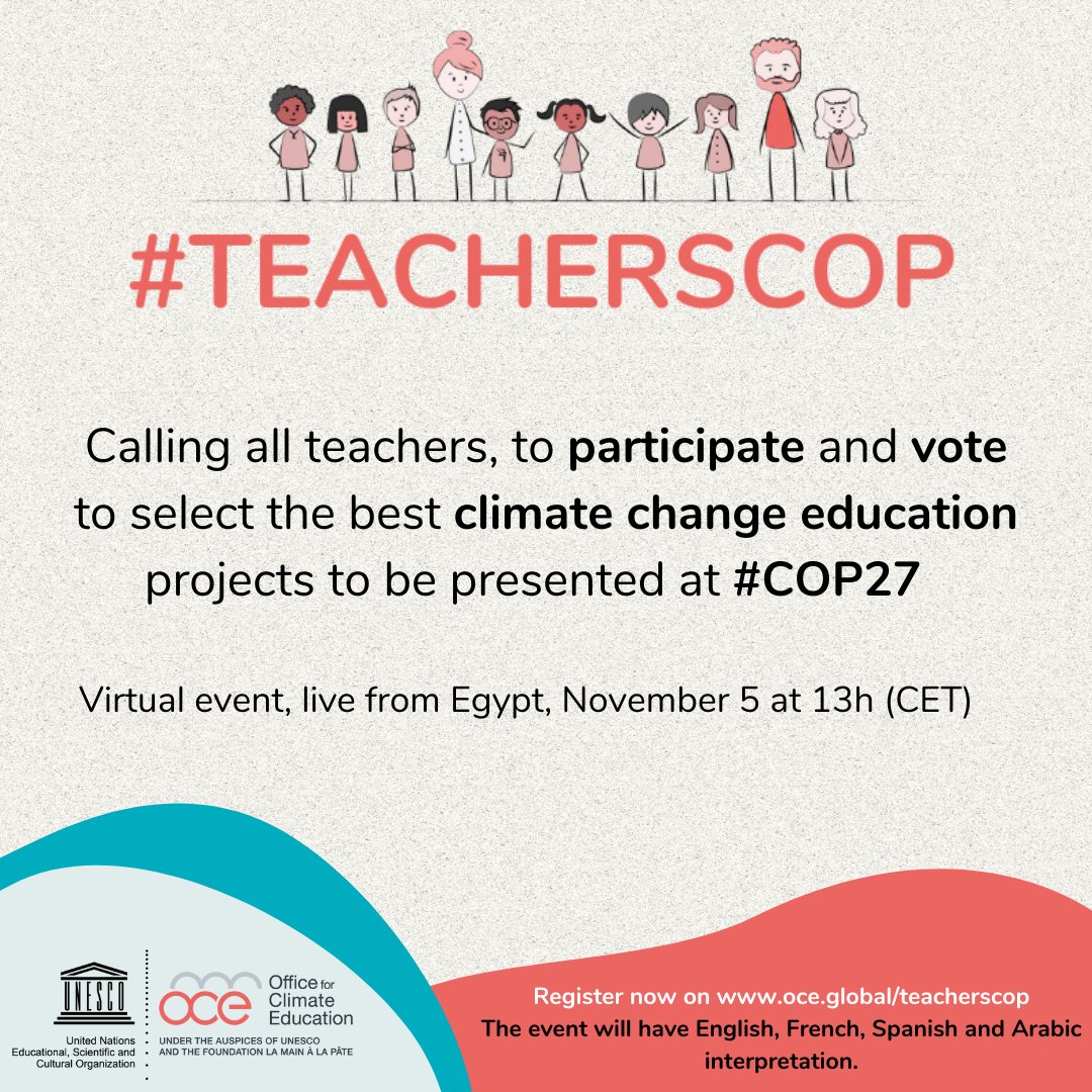 OfficeClimate's tweet photo. 📣Calling all #teachers, to  participate in the #TeachersCOP 🧑‍🏫 live from Egypt.
🔴share your voice and  vote for the best #climatechange #education projects to be presented to policymakers at the #COP27
Join us 👉https://t.co/tq0fOel1rM https://t.co/DWOpUcJqQG