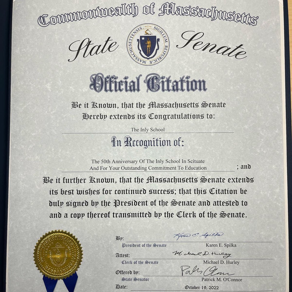 InlySchool's tweet photo. This morning #InlySchool received a special visit from Senator @PatrickMOConnor who presented an official citation in recognition of Inly’s 50th Anniversary & for our outstanding commitment to education ✨
#Inly50 #InlyMontessoriPlus #InlyPreKto8 https://t.co/guef04PTik