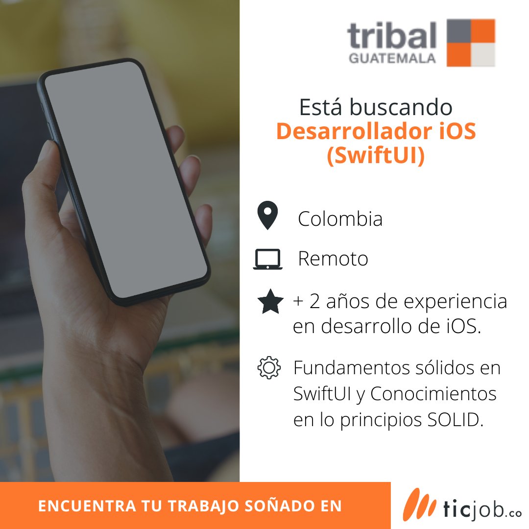 ticjobco's tweet image. Estamos buscando un #DesarrolladoriOS (SwiftUI) 🤓que se una al equipo de Tribal Worldwide Guatemala con más de 2 años de experiencia y cuente con Fundamentos en #SwiftUI y conocimientos en lo principios #SOLID. 📲#Remoto #Trabajosihay #ofertastic 

➡ticjob.co/es/job/desarro…