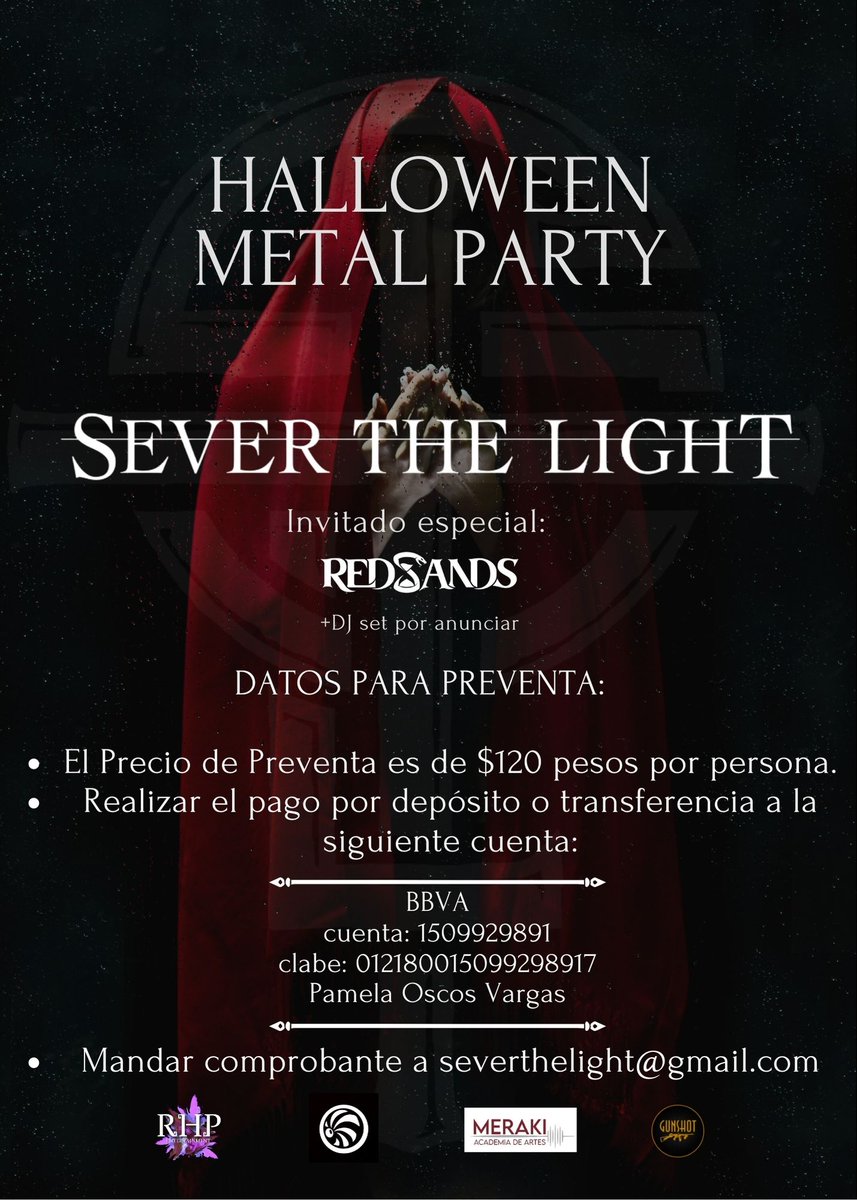 RedSandsMetal's tweet photo. 🚨RED SANDS EN VIVO🚨
¡Nos vemos en la #HalloweenMetalParty como invitados de @severthelight!
Además, DJ y concurso de disfraces. 🧟
🗓 Viernes 28 de Octubre
⏱ A partir de las 8:00pm
📍 #ForoMeraki (Monterrey 319, Roma Sur, CDMX)
🎟 $120 preventa - $150 el día del evento. https://t.co/hbxBczx3sc