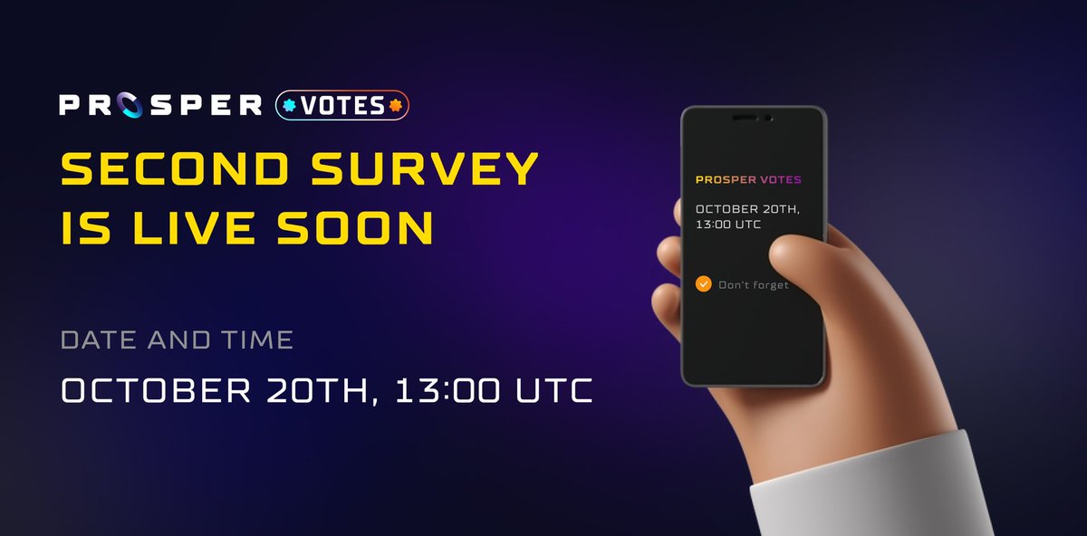 Prosperfi_BTC's tweet photo. 🔥🔥 Prosper Votes’ Second Survey will be Live Soon! 🔥🔥

The first stage of our test survey is successfully finished!

The second voting stage will start this Thursday at 13:00 UTC and end on Friday at 17:00 UTC.

Tune in to our socials to not miss out the launch! https://t.co/zrvN57QGH9