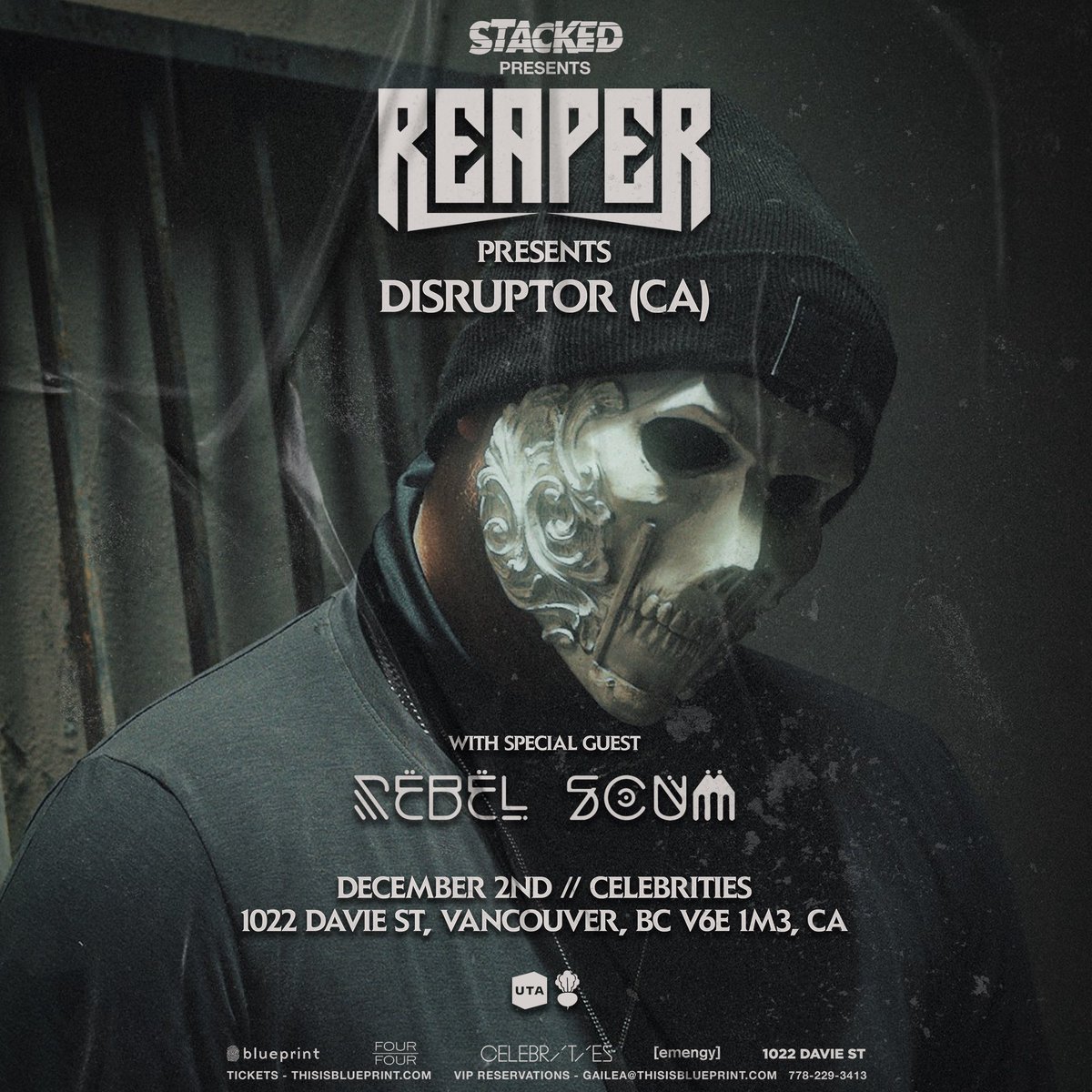 Emengy (@emengy) on Twitter photo Announcement 🎶 Shrouded in mystery and illustrating a dark, aggressive picture of what bass music can evolve into, <a href="/reapernoises/">💀 REAPER 💀</a> performs in Vancouver on December 2nd at <a href="/Celebrities_Van/">Celebrities Nightclub</a> w/ <a href="/rebelscummusic/">Rebel Scum</a> 💀 Presented by Stacked Presents with <a href="/emengy/">Emengy</a> and <a href="/FOUR_OVER_FOUR/">FOUR / FOUR Music</a> Announcement 🎶 Shrouded in mystery and illustrating a dark, aggressive picture of what bass music can evolve into, <a href="/reapernoises/">💀 REAPER 💀</a> performs in Vancouver on December 2nd at <a href="/Celebrities_Van/">Celebrities Nightclub</a> w/ <a href="/rebelscummusic/">Rebel Scum</a> 💀 Presented by Stacked Presents with <a href="/emengy/">Emengy</a> and <a href="/FOUR_OVER_FOUR/">FOUR / FOUR Music</a>