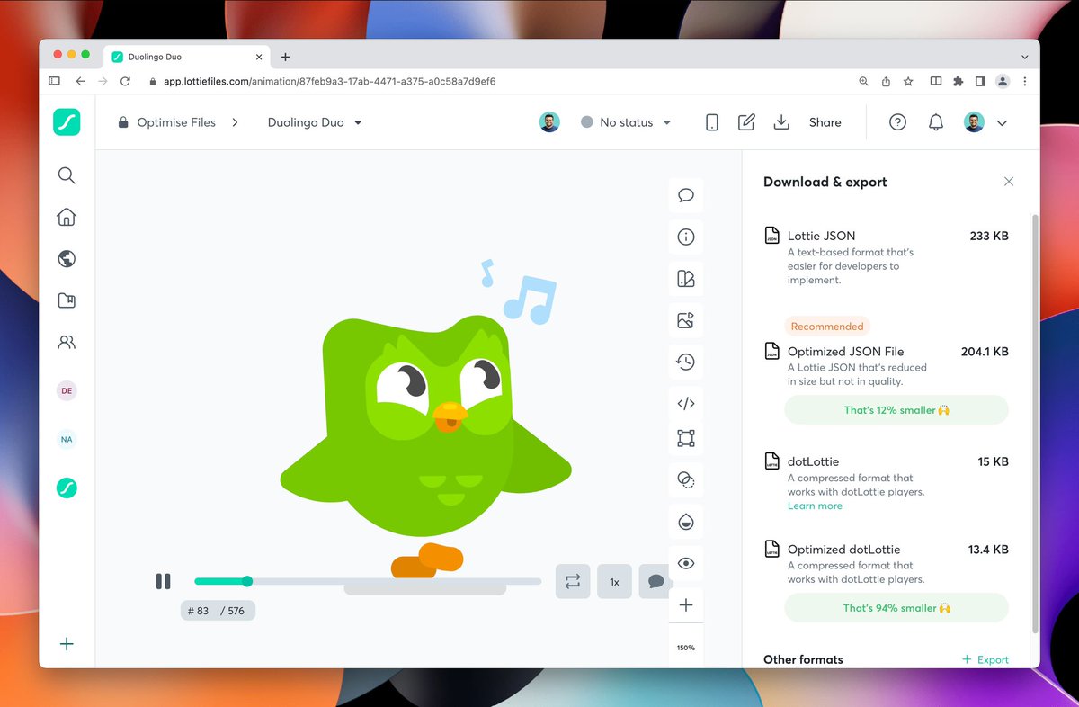 reallynattu's tweet photo. @LottieFiles @Spotify @googlephotos @Animagic_Studio @madebygoogle @gpeal8 @tiktok_us @YouTube @MKBHD @Twitter @TwitterDesign @Reddit @duolingo, the world's best learning app is also where you can find the best Lottie animations too. Over 270 Lottie animations, with a total of 22MB. @LottieFiles optimizer was able to reduce it to just 2.5MB (88% less)!

Try learning something new today: https://t.co/EJRia63YVe https://t.co/tuxmygbgdZ