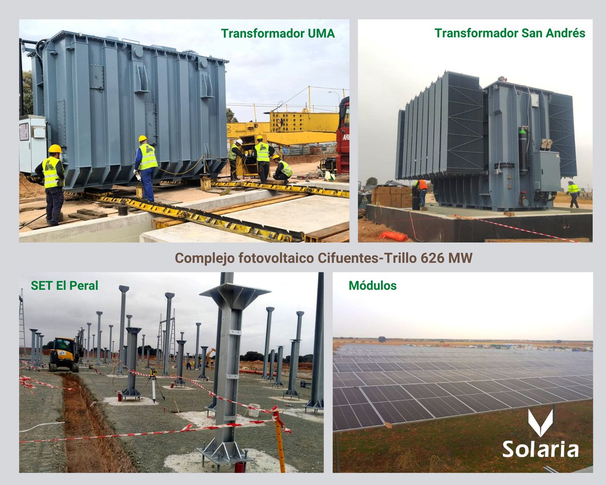 solaria_energia's tweet photo. ¡Seguimos avanzando en la construcción de nuestro complejo fotovoltaico Cifuentes-Trillo 626 MW! 👏Ya hemos instalado los transformadores de la subestación principal de UMA y de San Andrés. El ritmo no para en el complejo fotovoltaico más grande de Europa 💪
#transiciónenergética https://t.co/WqJ25AvEy1