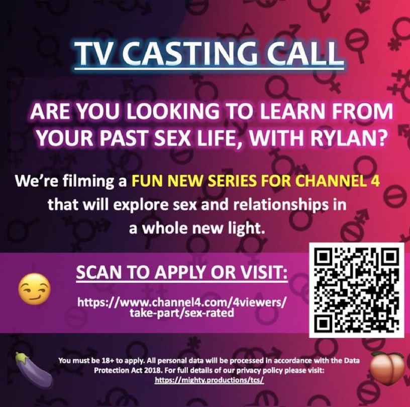 ARE YOU LOOKING TO LEARN FROM YOUR PAST SEX LIFE, WITH @RYLAN? 

A FUN NEW SERIES FOR CHANNEL 4 that explores sex and relationships in a whole new light would LOVE to hear from you! 🍆😏🍑

📱 SCAN THE QR CODE TO APPLY OR VISIT:
channel4.com/4viewers/take-…