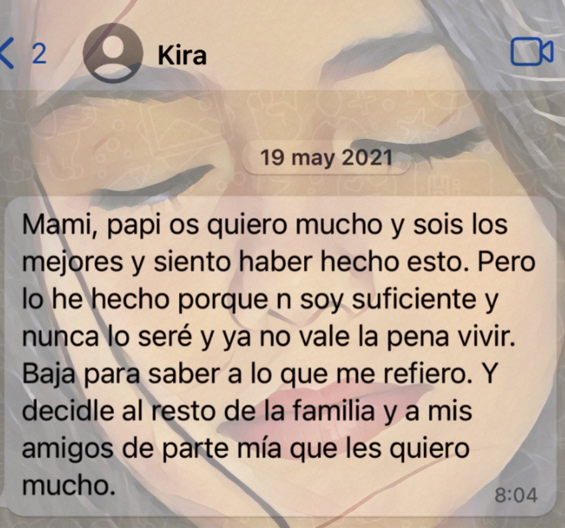 Así se despidió💔Sabiéndose llena del amor de sus padres, familia y amigos pero vacía de autoestima. El Manyanet volvió a denegarle el cambio de clase. Con 15 años necesitaba estar con su grupo en pandemia. Respuesta: aprende a “socializar” con otros fuera change.org/NoEsCosaDeNiños