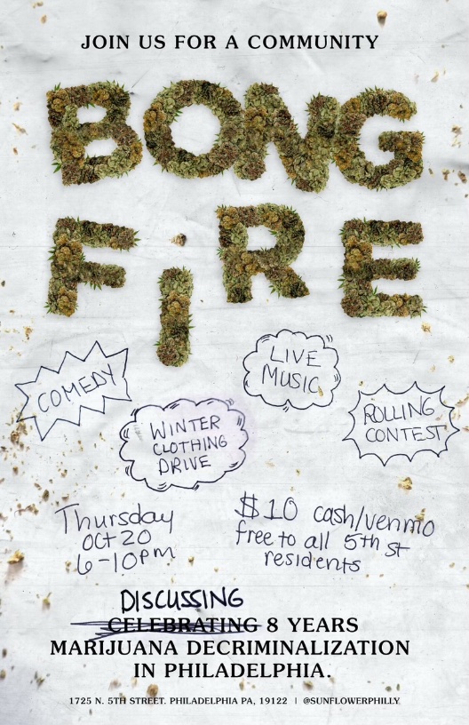 Tomorrow = 8 years of #marijuana decriminalization in Philadelphia, I’ll be at <a href="/sunflowerphl/">Sunflower Philly</a> 6-10pm smoking cannabis ;)