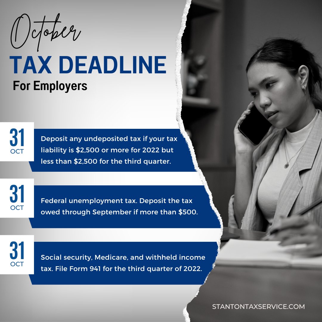 stantontax1's tweet photo. All the #employers know the #taxdeadlines for the end of October 2022. Note it so you don't miss any of them to get hit with penalties.
To know more click here: https://t.co/12A87Foj0U

#taxadvice #taxes #irs #penalities #taxtwitter #taxconsultant #October2022 #Octoberdeadline https://t.co/xCEtpq66oY