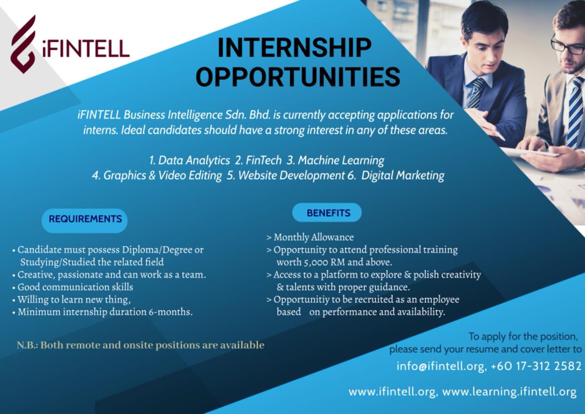 IFintell's tweet photo. iFINTELL Business Intelligence Sdn. Bhd is currently accepting applicants for interns.
Contact us:
💬WhatsApp: +60 17-312 2582
📧Email: info@ifintell.org
🌐Website: https://t.co/9hQiFxlabZ

#iFINTEL #Intelligence #integration #impact #intership https://t.co/kV3UHxN2et