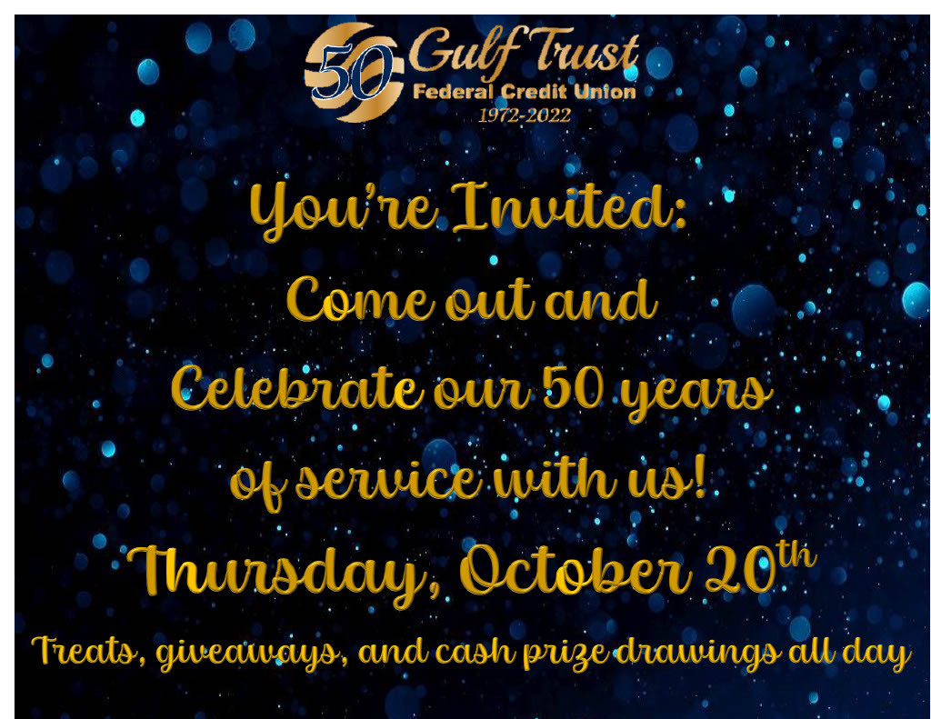 Come out to help us celebrate our 50 years of serving healthcare employees and their families. We will be celebrating in our Pascagoula location as well as our Ocean Springs location. Stop by to grab you some sweet treats and be entered in to win one of our TEN cash prizes.